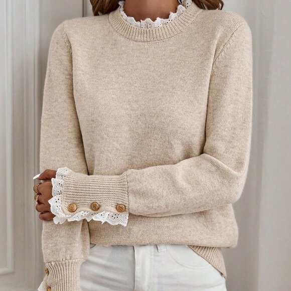 Sweaters - Apricot Casual Women's Floral Trim Crew Neck Long Sleeve Knitted Sweater